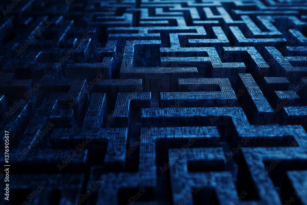 Poster abstract blue digital maze 3d model intricate network complex puzzle technology background graphic d