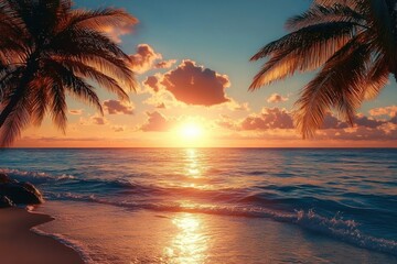 Tropical Beach Sunset with Palm Trees and Ocean in Golden Hour