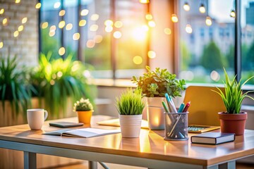 Clean Modern Office Workspace with Bokeh Background - Stock Photo