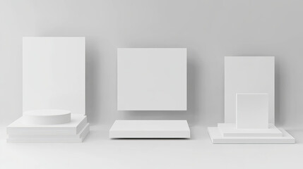 Set of blank white cardboard display racks with various view angles. Realistic 3d empty tall narrow exhibition stands for product showcasing. Promotional pos poi mockup for retail merchandising design