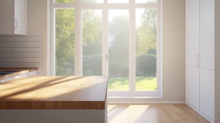Fototapeta premium A modern kitchen studio with a sleek wood countertop and crisp white interiors