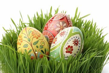 Six painted easter eggs celebrating a Happy Easter on a spring day with a green grass meadow, bright sunlight and a warm colour background with copy space,Vibrant Easter eggs with intricate decorative