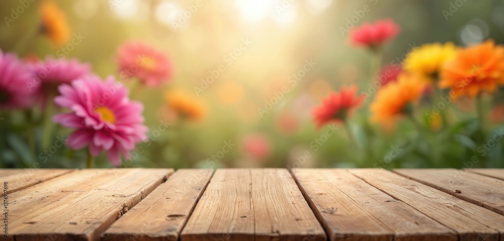 Poster empty wooden table with blurred garden flowers backdrop. rustic wood tabletop with beautiful spring 