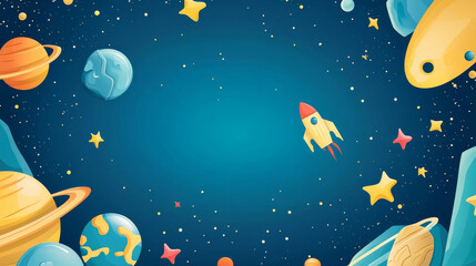 Vector diploma with cosmos design for kids in kindrgarten, preschool or elementary school. Certificate template for award, appreciation or celebration graduation with cartoon planets and spaceship