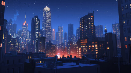 Night city buildings, isolated modern houses architecture. Neon glowing multistory skyscraper towers, office, hotel, business center with glass exterior and illumination, Cartoon vector illustration