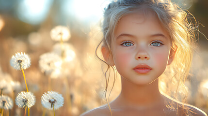 Fototapeta premium Golden-hour girl, dandelion field, serene gaze, summer portrait, childhood
