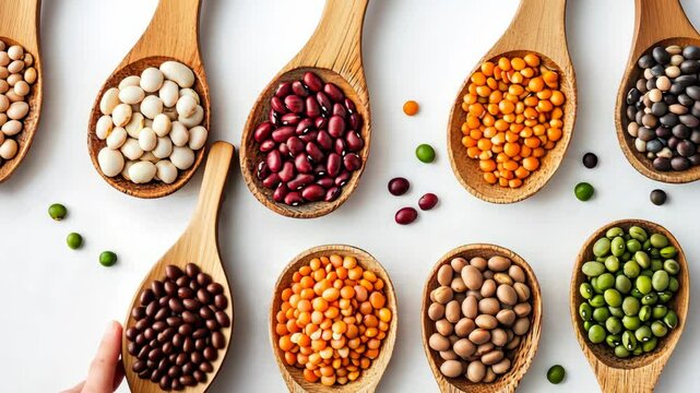 Wooden spoons with assorted legumes for healthy diets in diabetes management concept