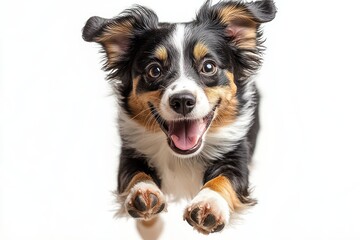 playful energetic dog running jumping isolated on white background happy cute joyful canine pet front view
