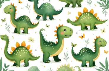 Cartoon dinosaurs illustration. Green dino characters on a white background, butterflies, plants. Ideal for kid textile design, wallpaper, print, fabric, seamless pattern. Children art, nursery decor.