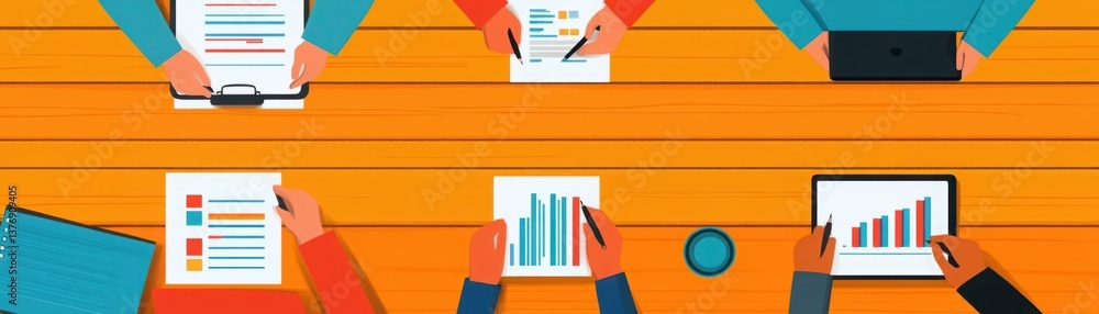 Aufkleber hands engaged in business analysis with charts and reports on a wooden table, demonstrating collabor