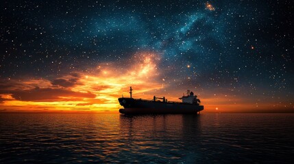 Naklejka premium Ship Under a Starry Night Sky