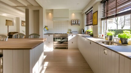 A polished kitchen with wooden countertops and white panel walls, ready for filming