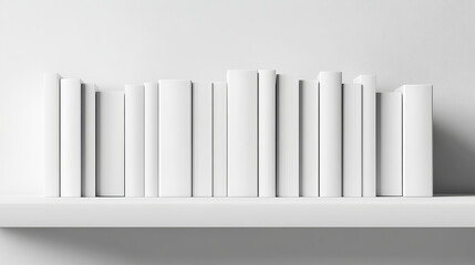 Obraz premium Books on white bookshelf, bestseller mockup with blank cover stand on shelf in library or store. Booklet, diary volumes with empty paperback lying in pile hanging on wall, realistic 3d vector mock up