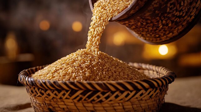 Nigerian Ofada Rice being poured into woven basket grains silhouetted against a soft glowing backdrop traditional African market ambiance