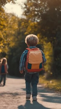 boy walking with backpack on the first day of school, returning to school on a sunny street with happiness, education, and childhood
