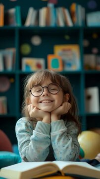 A thoughtful, curious and friendly girl with glasses learns in the school classroom with books