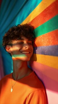 gay boy posing next to a wall background with LGBTQ pride colors, gender equality and lifestyle with attitude