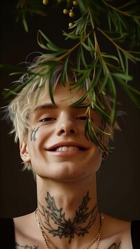 close up portrait of a young blonde boy with fashionable tattoos on his neck, displaying attitude while holding a green plant black background