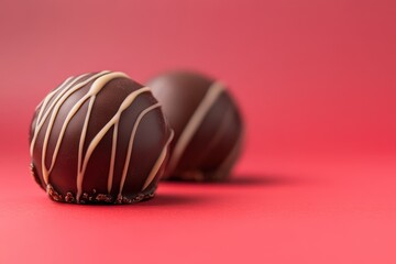 Delicious chocolate truffles with decorative drizzle on red background