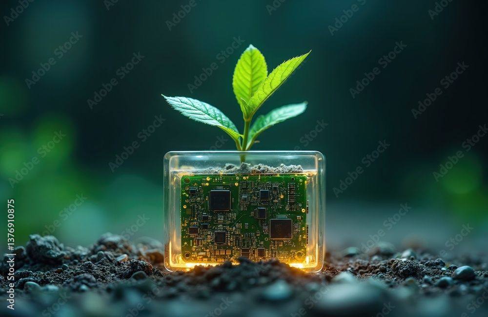 Poster sprout grows inside tech component. modern ai tech integrates with nature. eco-friendly illustration