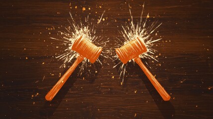 Two wooden gavel hammers collide against a wooden background, creating a dynamic and powerful visual that symbolizes legal actions or conflict resolution themes.