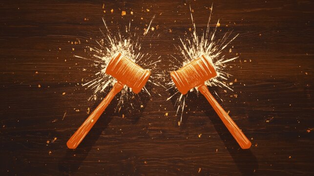 Two wooden gavel hammers collide against a wooden background, creating a dynamic and powerful visual that symbolizes legal actions or conflict resolution themes.