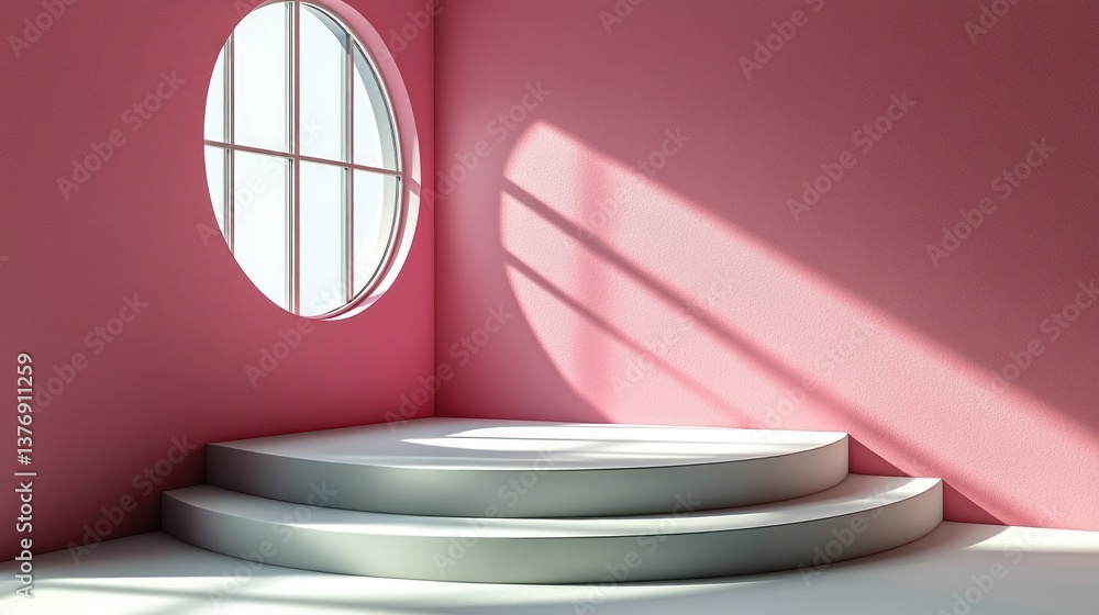 Poster sunlit corner with circular window and three-tiered display platform