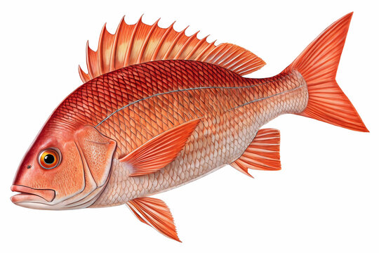 Atlantic Ocean Red Drum Fish Isolated on White Background,A fresh red snapper fish with vibrant reddish-pink scales, isolated on a white background,Siamese fighting fish. 