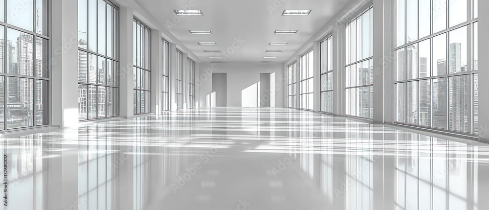 Poster sunlit empty office corridor with large windows offering city views. gleaming floors reflect light. 