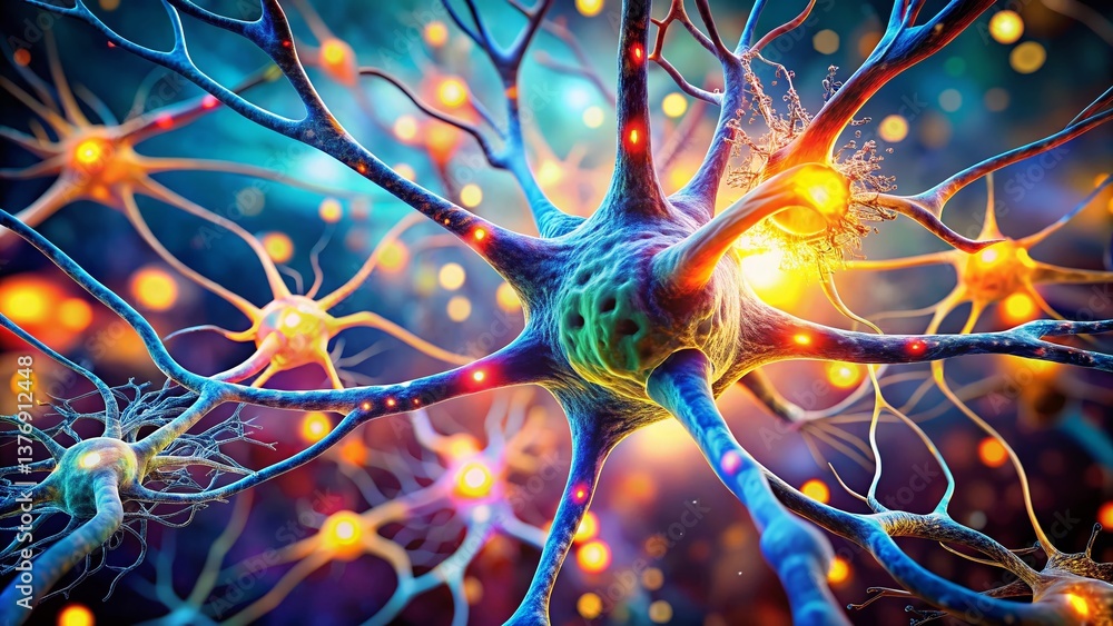Poster color-coded neuron anatomy microscopic view with bokeh effect