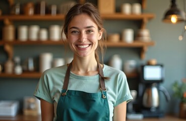 Smiling young woman in apron stands coffee shop. Portrait of happy barista, employee at work. Pretty female waitress at cafe counter with cup of coffee ready to serve.