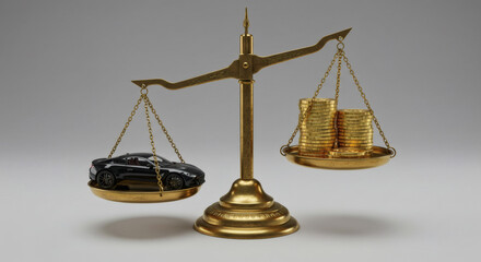 A 3D render of a car and stacks of coins on a weighing scale, representing the balance between vehicle purchase and rental options in financial planning.

