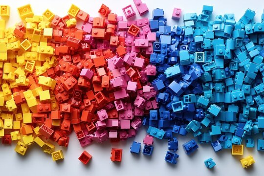 Colorful Toy Bricks Flat Lay Composition Over White Background Creative Educational Play Construction Visual