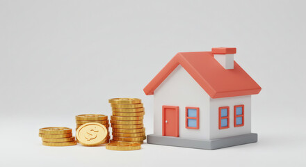 A 3D render of a mini house with a stack of coins, symbolizing investment in real estate and the potential for financial growth in property.

