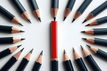 Fototapeta premium Neatly Aligned Row of Identical Black Pencils – Minimalist Composition,Close-up of sharpened colored pencils in a row on white background,Red pencil standing out from the crowd. 