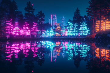 Obraz premium Neon Nights in a Japanese Garden – Futuristic Landscapes with Glowing Nature and Traditional Architecture