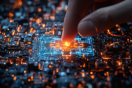 Futuristic Hand Holding Puzzle Piece Representing Online Network and Cybersecurity Concept
