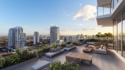 A rooftop terrace with lush greenery, wooden furniture, and panoramic sky views
