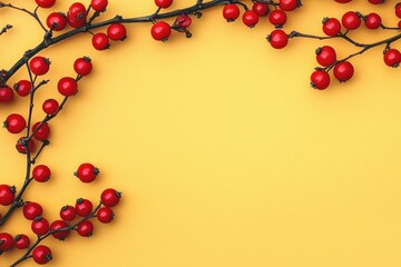 Festive Red Berries on Gold Background Minimalist Design for Seasonal Decor and Holiday Text