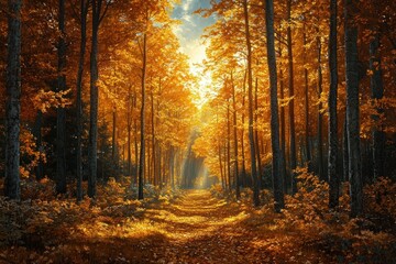 Obraz premium Autumn Forest Scene with Golden Leaves and Warm Sunlight
