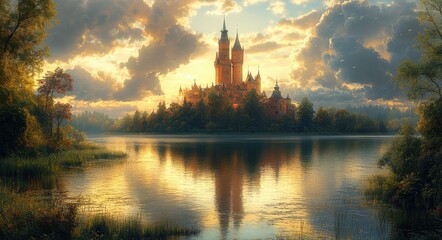 Medieval Castle Reflected in Calm Lake Surrounded by Lush Greenery with Dramatic Clouds