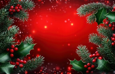 Red Christmas Background with Fir Branches and Holly Berries