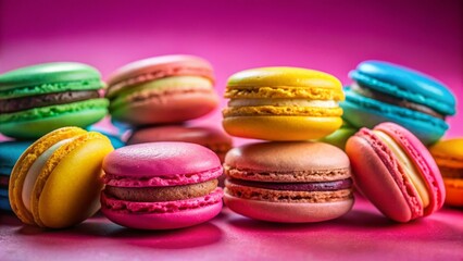 Colorful Macarons on Pink Background - Delicious French Pastry Macro Photography