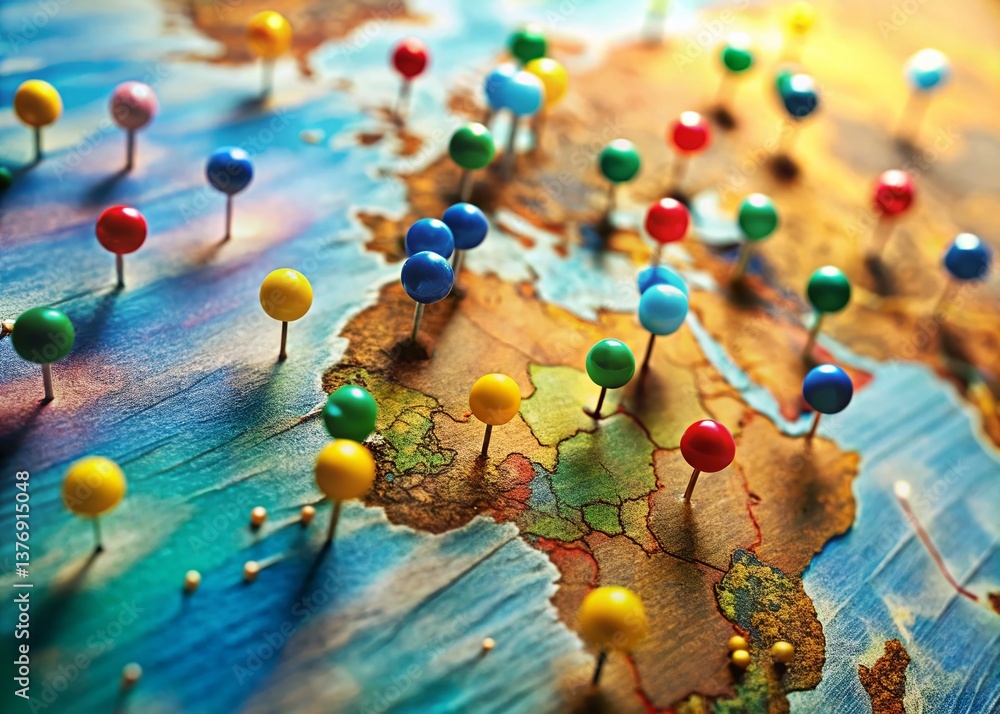 Poster colorful map pins scattered on world map with copy space - left alignment