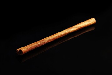 An isolated cinnamon stick shown on a reflective black surface