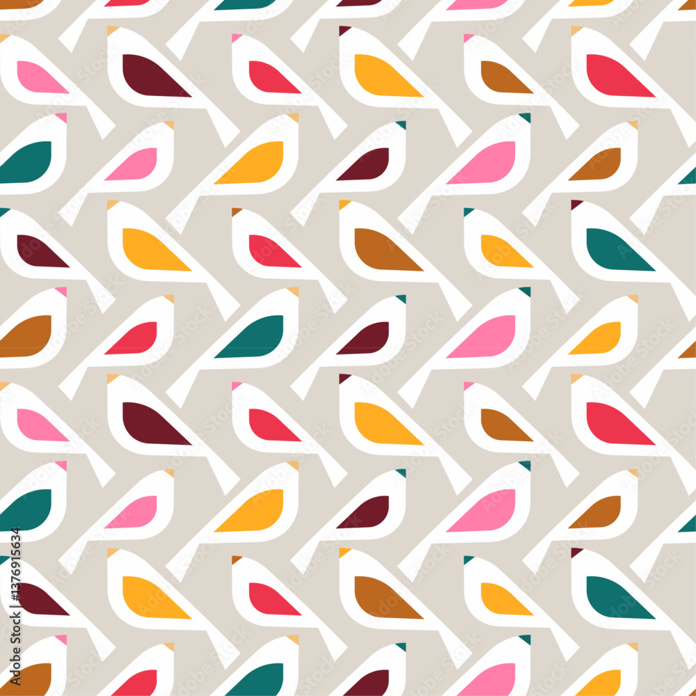 Poster seamless pattern features a repeating design of stylized birds in a variety of colors against a light gray background.