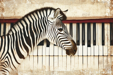 Zebra beside piano creates a whimsical blend of nature and music in imaginative artwork