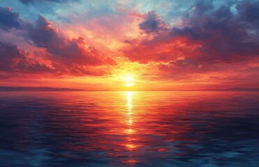 Obraz premium Stunning Sunset Over Calm Sea with Romantic Realism and Soft Lighting