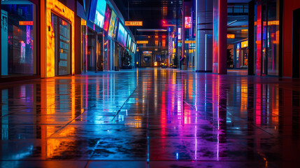 Naklejka premium Colorful Neon Reflections in Empty Urban Street at Night – Futuristic City Lights on Wet Pavement