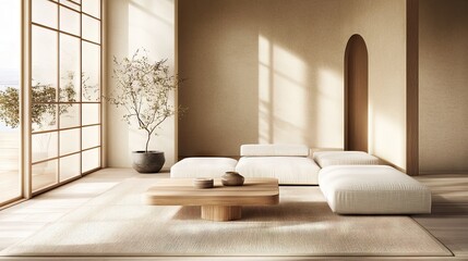 A simple and serene Japanese interior with an L-shaped sofa and a wooden coffee table